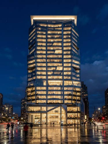 Sharp architectural twilight photography of a modern commercial office building with glowing geometric windows, wide-angle tilt-shift lens