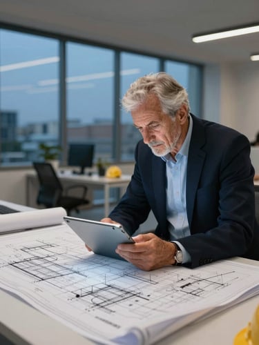 A senior construction estimator reviewing a complex CAD blueprint on a large digital tablet in a modern, sunlit architectural office.