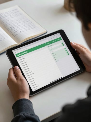 Close-up of a student's hands holding a tablet displaying a Spanish vocabulary builder interface, notebook open beside it with handwritten notes, studio-quality lighting, clean desk surface, sharp focus on the screen content