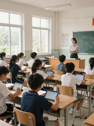 Wide environmental shot of a middle school classroom, students seated in small groups working on tablets, a teacher at the front facilitating discussion, natural daylight through tall windows, clean and organized room