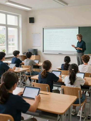 Wide-angle view of a K–12 classroom, students seated in small groups at desks with tablets open, a teacher standing near a whiteboard displaying a French vocabulary lesson, natural daylight from windows on the left side, clean academic setting