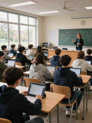 Wide-angle view of a high school French classroom, students seated at desks engaged with tablets showing lesson content, natural daylight from tall windows on the left, teacher standing at front facilitating a speaking activity, environmental shot showing classroom scale and organization