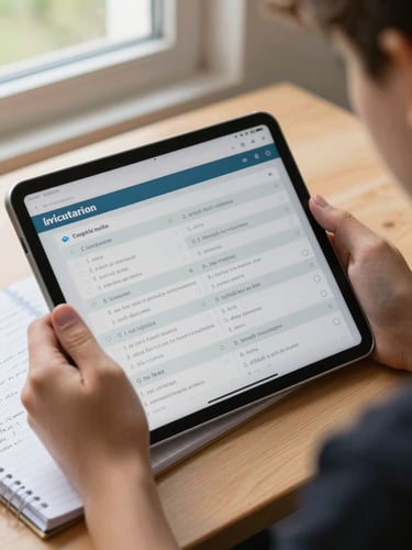Close-up of a student's hands holding a tablet showing a French vocabulary builder interface, multiple-choice prompts visible on-screen, natural classroom daylight from a window to the left, a notebook with handwritten French words partially visible at the edge of the frame