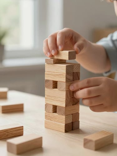 Close-up of a child's hands carefully stacking natural wooden blocks on a cream-colored table, soft side-lighting from a window, warm tones.