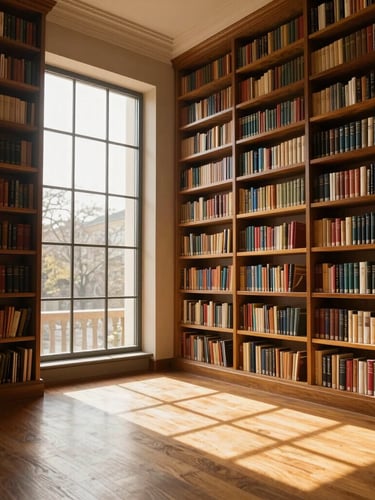 An elegant, warm library room with floor-to-ceiling bookshelves, soft golden hour light streaming through a large window, casting long shadows on a wooden floor.