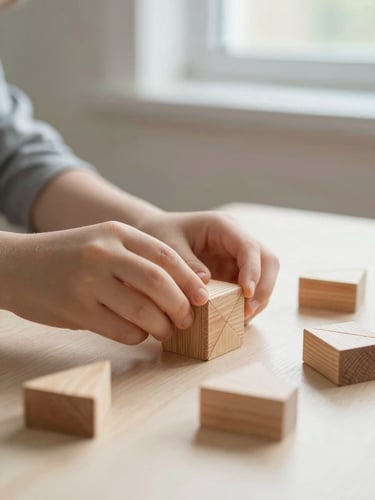 Soft natural window light on a child's hands carefully arranging wooden geometric blocks on a light cream table, close-up, high focus on hands and texture of wood.
