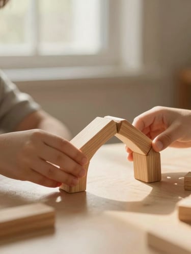 Soft window light illuminating a child's hands carefully arranging wooden arch blocks on a light cream table, warm golden tones, shallow depth of field, 21:9 cinematic crop.