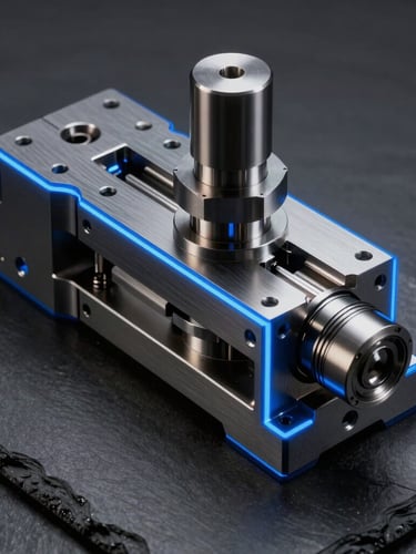 Orthographic 3D CAD render of a complex progressive stamping die assembly on a dark slate background, sharp blue edge-lighting, high-contrast technical details.