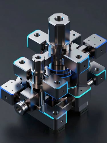Isometric 3D CAD render of a highly complex progressive die assembly, sharp blue and cyan edge lighting on dark metallic steel surfaces, orthographic technical projection, dark background.