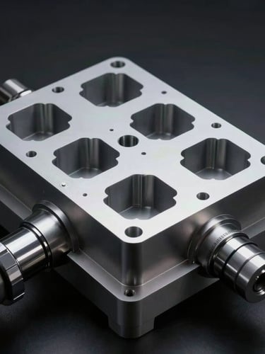 Ultra-sharp 3D CAD model of a multi-cavity plastic injection mold, showing core and cavity plates, high-contrast studio lighting, dark background, technical visualization.