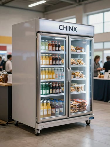Wide environmental shot of a showcase chiller unit positioned inside a bright event hall, glass door open revealing neatly arranged bottled drinks and packaged food, natural venue lighting, clean floor tiles visible, shot from a low side angle emphasizing the unit's full height