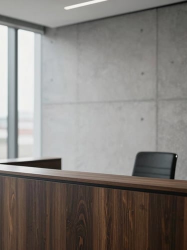 Dignified architectural detail of a modern, minimalist law office interior, soft natural light, clean concrete and dark wood textures, 35mm lens.