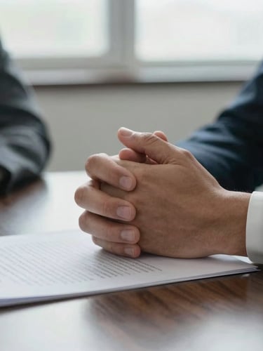 Close-up of hands clasped in consultation over signed legal documents on a dark wooden desk, soft natural window light, shallow depth of field