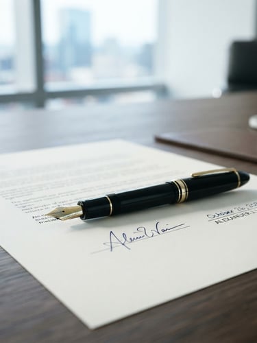 Close-up of a fountain pen resting on a crisp, signed legal document, soft morning window light, shallow depth of field, minimalist office setting.