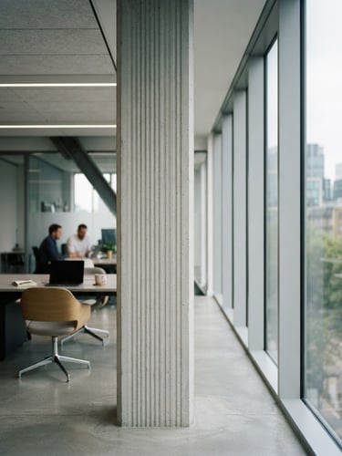 Dignified modern office interior with soft natural window light hitting a structured architectural column, clean minimalist aesthetic, shallow depth of field