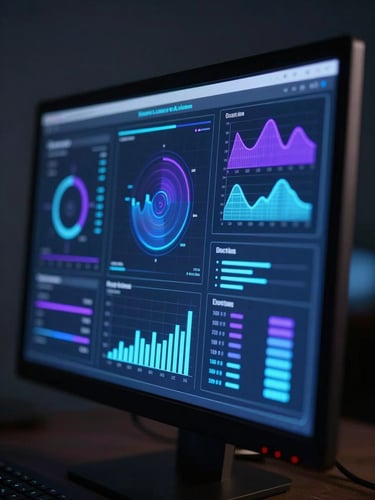Close-up of a glowing AI dashboard interface on a dark monitor, electric blue and purple data visualization charts and heatmaps filling the screen, soft light emanating from display, deep charcoal background, high contrast, futuristic tech aesthetic, no faces