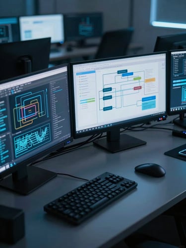 Wide shot of a professional workspace with multiple monitors displaying data pipelines and workflow automation diagrams, cool blue ambient glow from screens, dark desk surface, abstract data streams visible, no human faces, clinical and precise framing