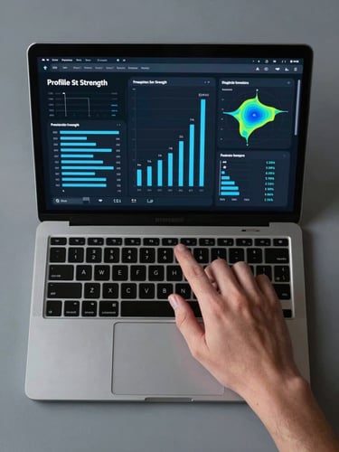 Overhead flat-lay of a laptop displaying a predictive profile-strength dashboard with bar charts and heatmaps, electric blue accents on a near-black UI, a single hand gesturing toward the screen, cool studio lighting, clinical framing with no warm tones