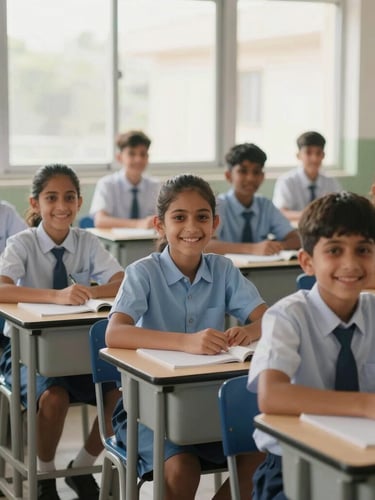 A medium-wide shot of smiling Al-Nawaras students in clean blue and white school uniforms sitting in a sunlit classroom, natural morning light streaming through large windows, warm and welcoming atmosphere.