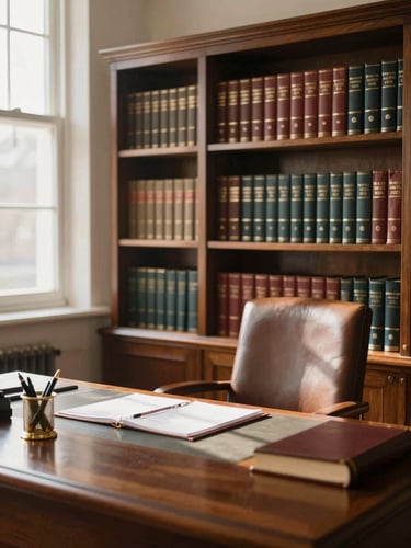 An elegant academic office with traditional leather-bound books on wooden shelves, bright morning sunlight streaming through a window, a clean desk with a brass pen holder, warm and prestigious atmosphere.