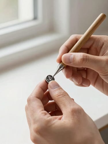 Close-up portrait of skilled hands carefully engraving a small metal keepsake, focused and precise, with soft natural window light highlighting the texture of the metal and the tools.