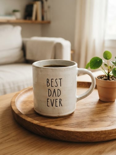 Close-up of a personalized ceramic coffee mug with text 'Best Dad Ever' in a clean minimalist home setting, soft natural window light, gentle shadows, shallow depth of field, 50mm, styled on a wooden tray with a small plant.
