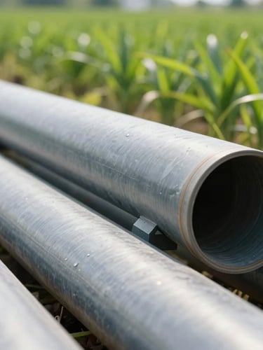 Crisp editorial photography of modern agricultural irrigation pipes in a lush field under bright daylight, highly detailed, 35mm