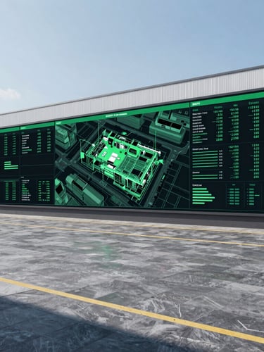 A high-contrast wide angle shot of an industrial logistics hub with digital BIM cost overlays, crisp natural daylight, cool slate tones with vivid emerald accents, 35mm