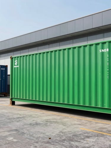 Crisp editorial photography of a modern logistics hub in India, high-contrast daylight, cool slate tones with vivid emerald accents, 35mm