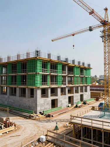Wide environmental shot of a modern Indian construction site, crisp daylight, technical BIM wireframe overlay on the right third, highly detailed, 35mm