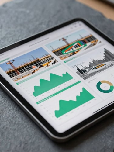 A high-contrast close-up of a digital tablet showing financial analytics and BIM models on an active construction site, sharp editorial photography, crisp natural daylight, cool slate tones with vivid emerald accents, highly detailed, 35mm