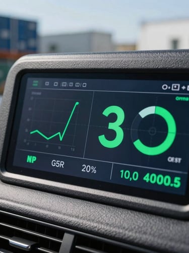 High-contrast macro shot of a digital dashboard displaying cost analytics on a screen in a modern logistics hub, crisp natural daylight, cool slate tones with vivid emerald accents, 35mm