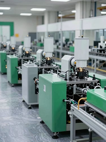 Wide environmental shot of a state-of-the-art automated manufacturing assembly line in India, crisp natural daylight, cool slate tones with vivid emerald accents, highly detailed, 35mm.