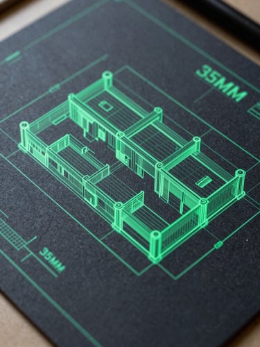 Sharp technical architectural drawing on a dark screen, glowing emerald green lines, high-contrast digital interface, 35mm