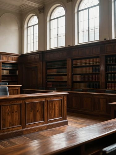 Wide panoramic view of an empty high court courtroom interior, mahogany judge's bench dominating the left third, tall arched windows casting sharp overhead light across dark wood panelling, law books lining recessed shelves in deep shadow, no people present