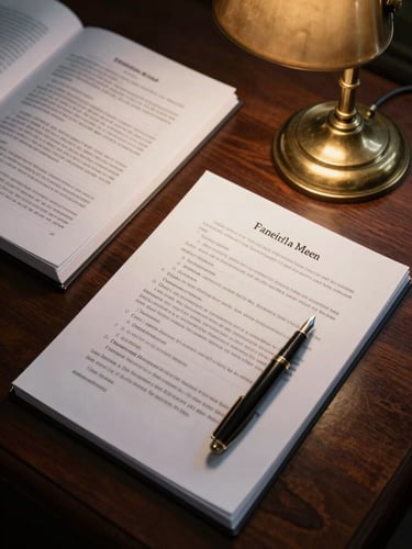 Close-up overhead composition of open legal case files and handwritten annotations under a brass reading lamp on a dark mahogany desk, case citations visible on printed pages, a fountain pen resting on a folded brief, deep shadow at the edges, tungsten warm light pooling at center