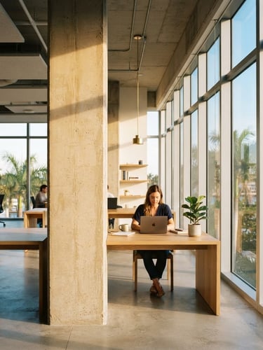 A bright, modern architectural office interior with sunlit concrete pillars, warm coastal Florida daylight streaming through floor-to-ceiling windows, minimal furniture, 35mm photography.