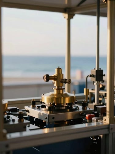 Close-up of physical operations, a clean modern manufacturing assembly line with warm brass and steel components, soft natural side lighting, editorial framing.