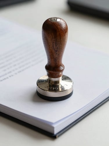 Close-up macro shot of an official metal notary seal stamping a thick textured document on a clean modern desk, bright natural daylight