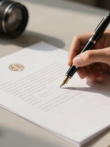 Close-up of an elegant fountain pen signing an official document on a clean, modern desk with warm daylight casting soft shadows, professional and refined atmosphere.