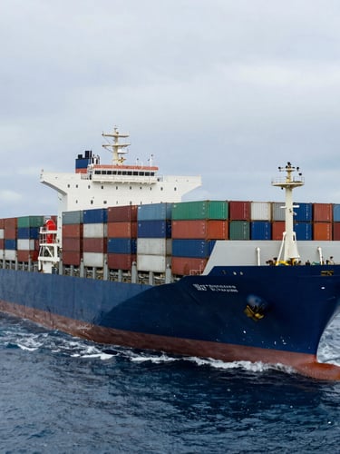 A massive container ship loaded with cargo containers navigating open ocean, high contrast cool overcast daylight, wide-angle shot.