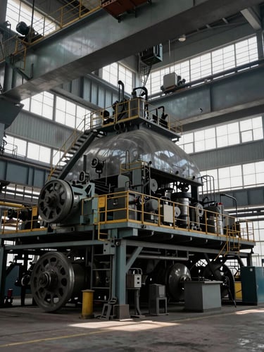 Extreme wide shot of an industrial foundry floor, cool overcast daylight streaming through high windows, heavy steel gantry cranes overhead, massive scale