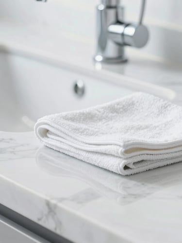 Close-up of a pristine marble countertop reflecting bright daylight, a microfiber cloth neatly folded beside a polished chrome faucet, high-key clinical elegance