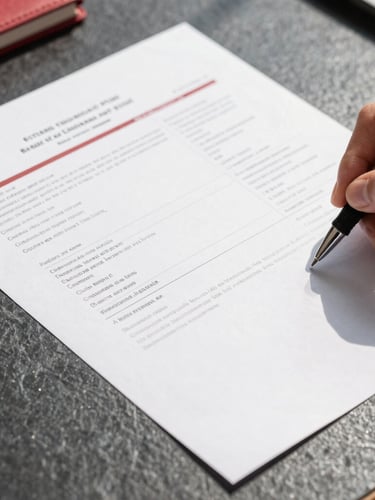 Sharp close-up of stamped international trade documents on a dark slate desk, crisp daylight casting long shadows, a professional hand holding a technical pen in the corner.