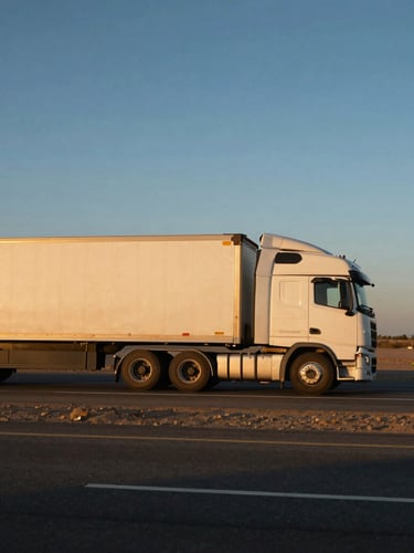 Side profile of a modern commercial semi-truck pulling a refrigerated trailer on an open desert highway at golden hour, 35mm lens, cinematic transport photography.