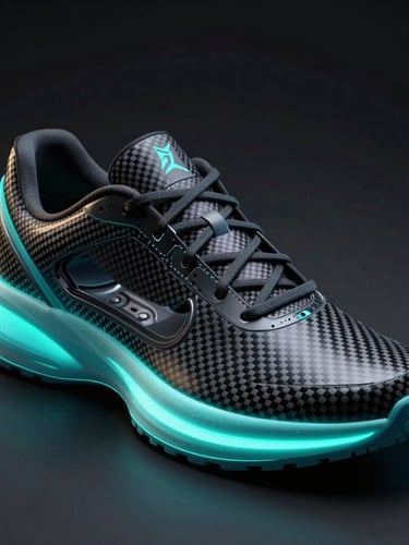 Sleek 3d product render of sneaker chassis showing internal carbon fiber plate, dramatic cyan rim lighting, dark atmospheric background