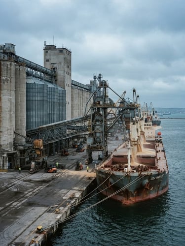 Wide-angle industrial grain terminal at a Black Sea port, cool overcast daylight, cargo vessel loading under steel blue sky, 35mm film