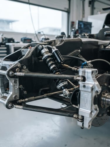 Technical close-up of high-end modern race car suspension assemblies, machined metal, dampers and control arms, cool overcast daylight, clinical garage environment, 35mm.