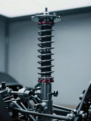 Close-up of a high-end modern race car suspension assembly in a clean garage, cool overcast daylight, muted blue and charcoal tones, sharp details, 35mm