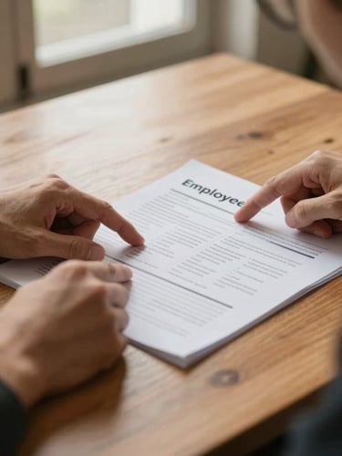 A close-up photograph of two people reviewing a printed employee handbook on a warm wooden table. Soft morning light filters through a nearby window. Focus is on hands pointing to structured text on the paper, creating a calm and collaborative atmosphere.
